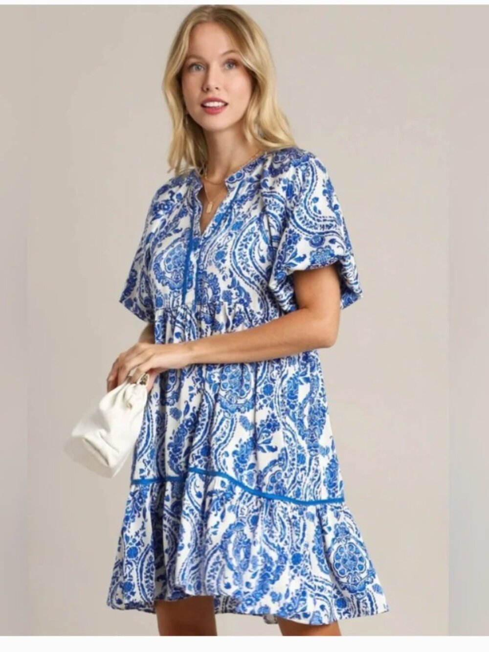 NWT Umgee Puff Sleeve Printed Mini Dress Blue White Size Small